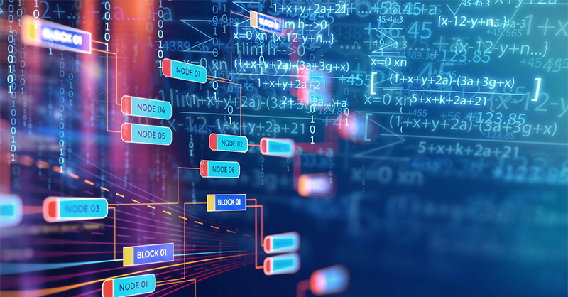 Visualización de nodos y bloques de datos conectados en un flujo automatizado