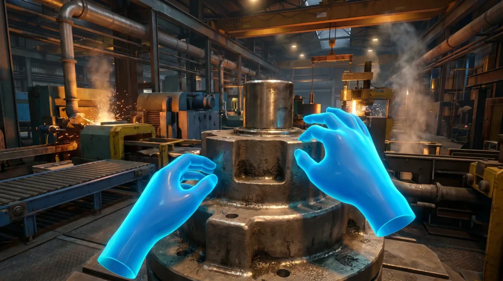 Manos VR interactuando con maquinaria en una simulación industrial inmersiva