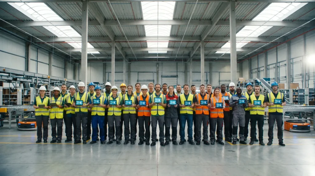 Plantilla de una planta industrial mostrando tablets con aplicaciones corporativas
