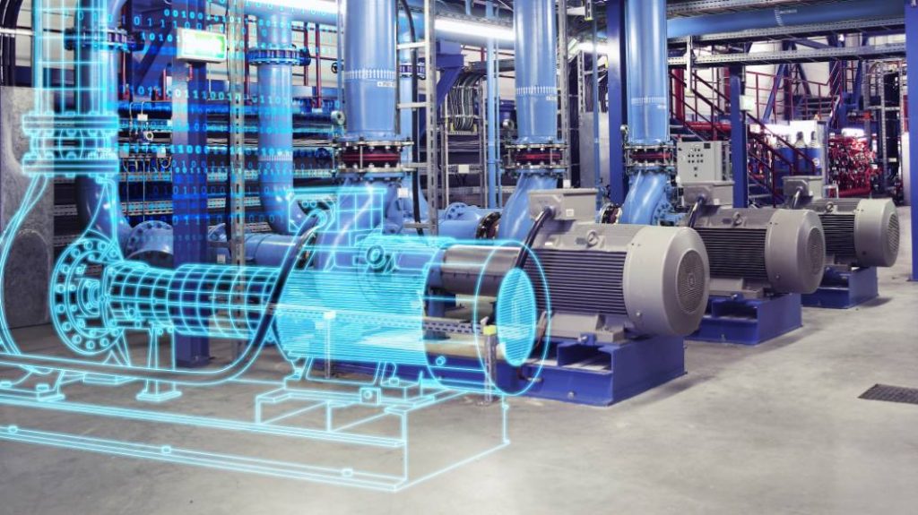 Gemelo digital 3D superpuesto sobre maquinaria real en una planta industrial