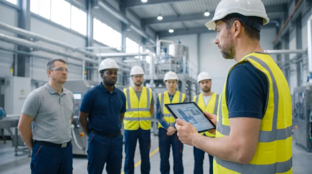 Técnico mostrando un plano digital en tablet a un equipo de operarios industriales en una planta de producción