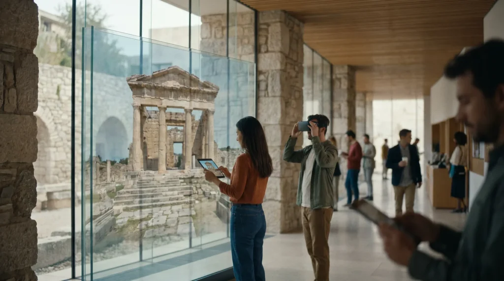 Visitantes en un museo usando tablet y gafas de realidad mixta para ver una reconstrucción de un templo romano sobre las ruinas