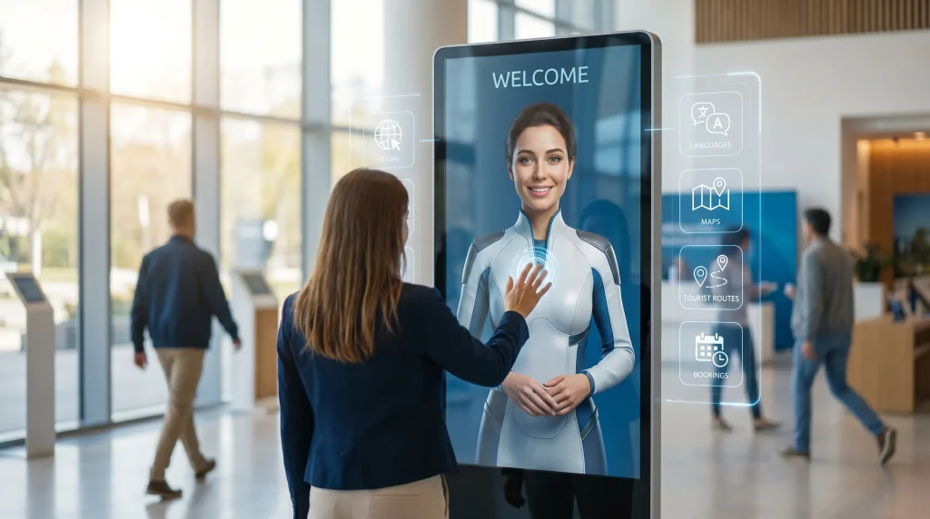 Visitante interactuando con un asistente virtual de IA en un tótem de una oficina de turismo, con opciones de idiomas, mapas, rutas y reservas