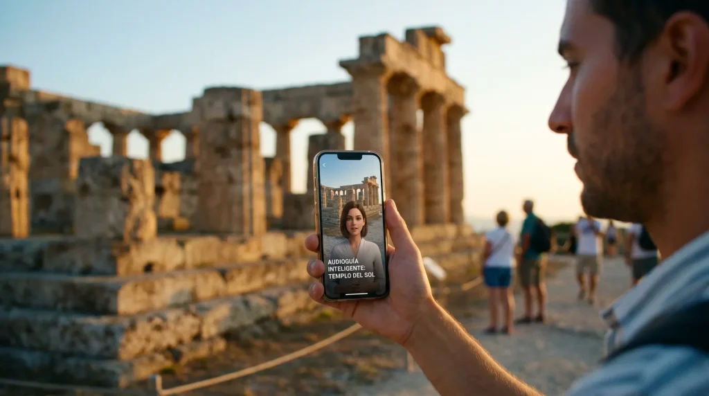 Visitante usando una audioguía aumentada en el móvil con avatar IA frente a un templo histórico