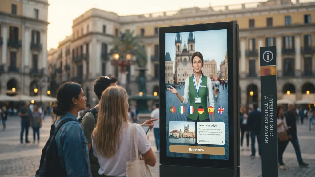 Tótem interactivo con un avatar de IA hiperrealista atendiendo a tres visitantes en una plaza, con banderas de idiomas y un botón de reserva