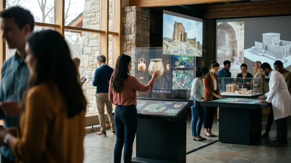 Visitantes en un museo explorando contenido histórico interactivo en mesas táctiles y pantallas con reconstrucciones del patrimonio