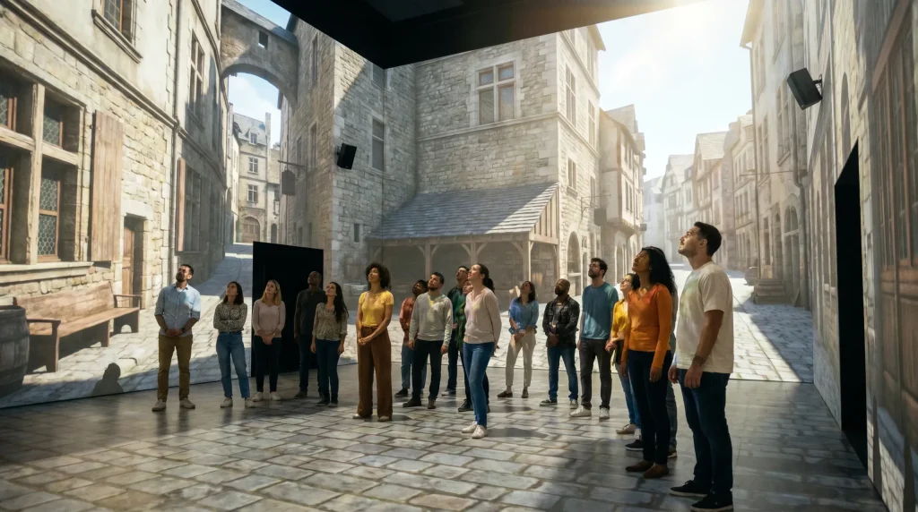 Grupo de visitantes en una sala inmersiva con una calle histórica medieval proyectada a su alrededor