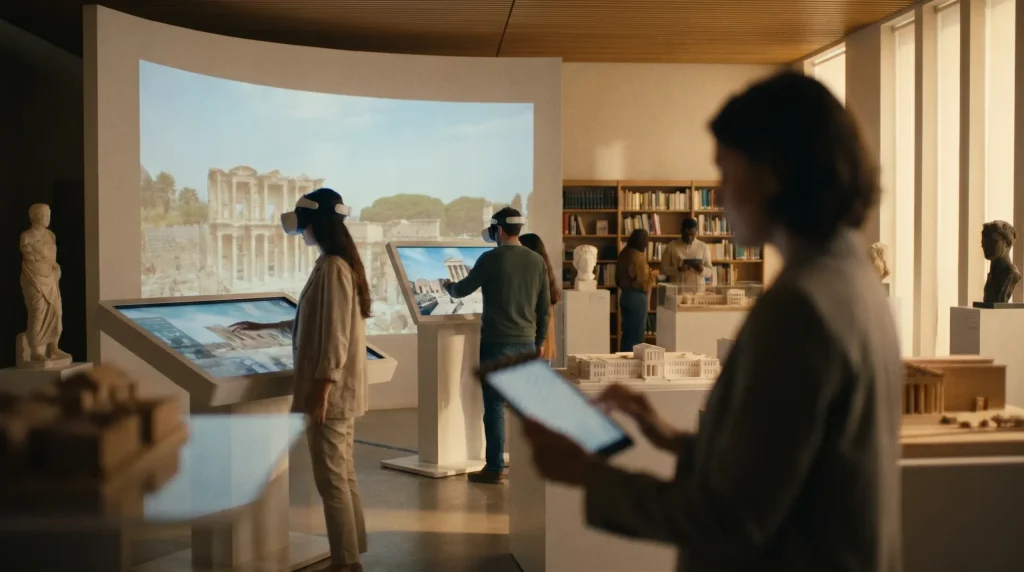 Visitantes en un museo con gafas VR y mesas táctiles explorando reconstrucciones de un destino histórico