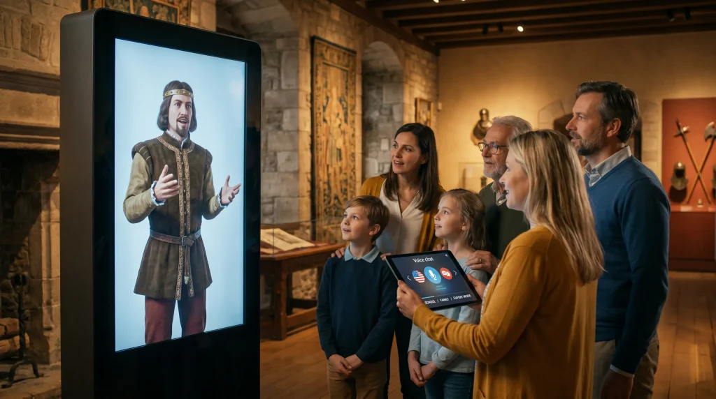 Familia interactuando con un personaje histórico recreado con IA en un tótem de un museo